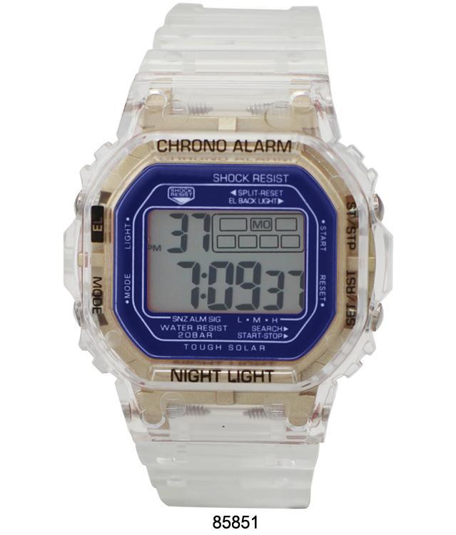 A sleek 8584 Transparent Digital Watch with a clear case and rubber band, showcasing its digital display and modern design.