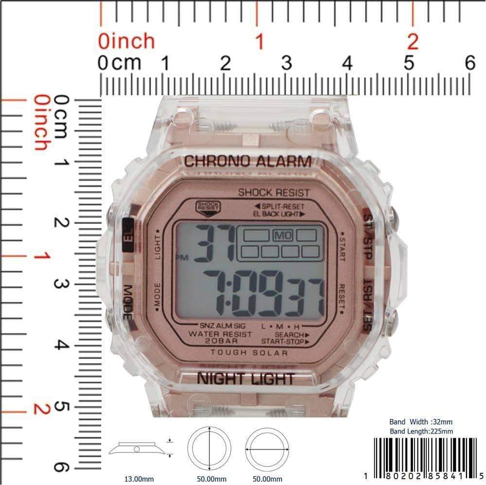 A sleek 8584 Transparent Digital Watch with a clear case and rubber band, showcasing its digital display and modern design.