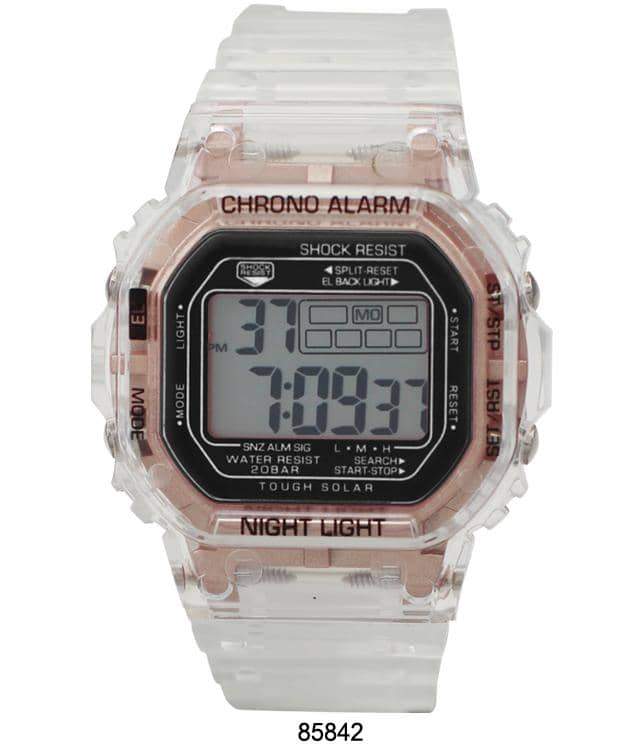 A sleek 8584 Transparent Digital Watch with a clear case and rubber band, showcasing its digital display and modern design.