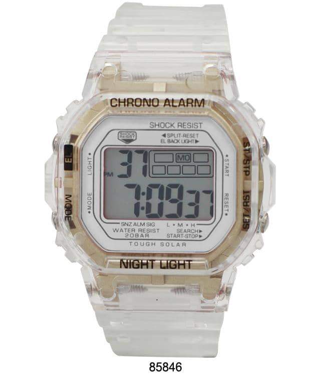 A sleek 8584 Transparent Digital Watch with a clear case and rubber band, showcasing its digital display and modern design.