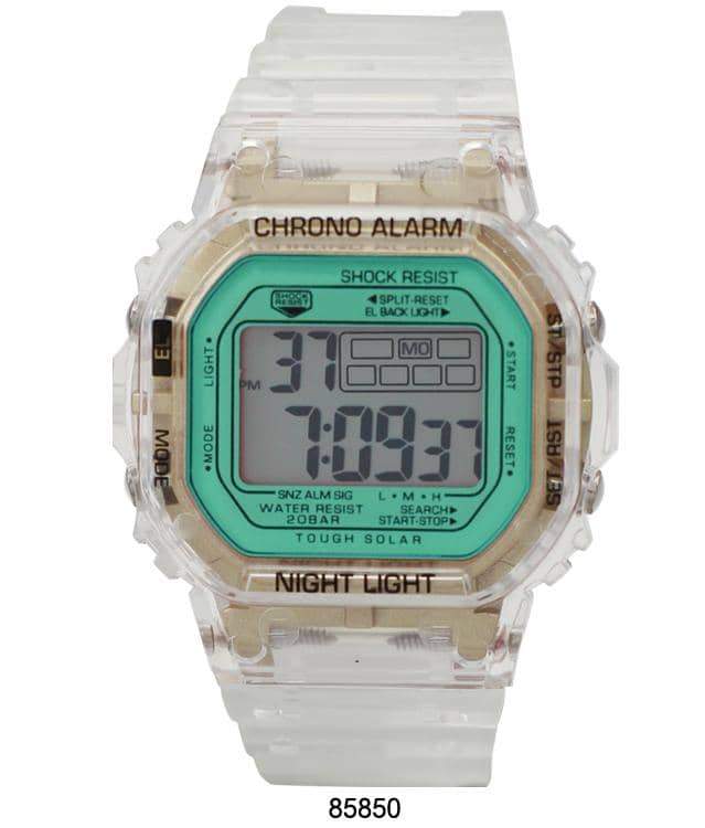 A sleek 8584 Transparent Digital Watch with a clear case and rubber band, showcasing its digital display and modern design.