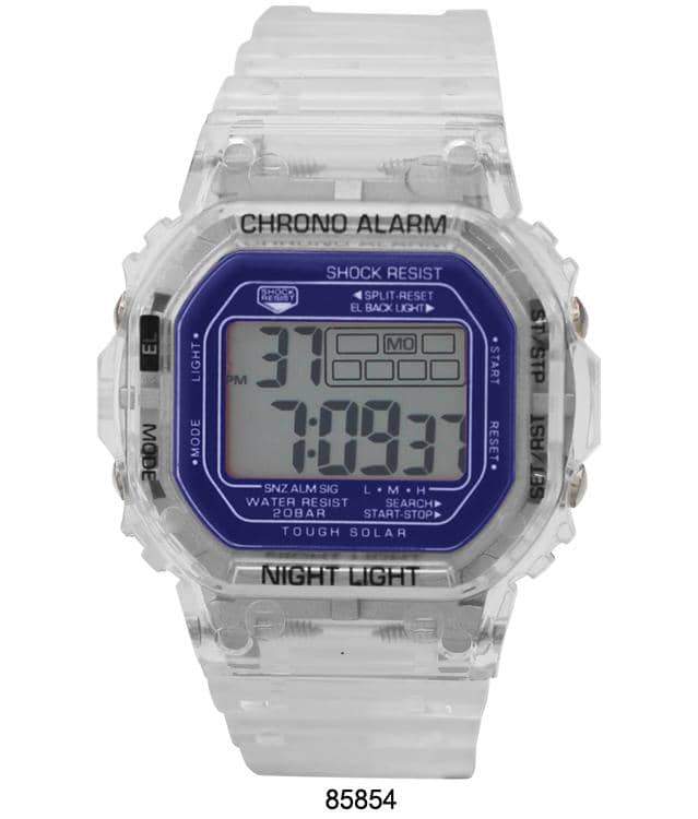 A sleek 8584 Transparent Digital Watch with a clear case and rubber band, showcasing its digital display and modern design.