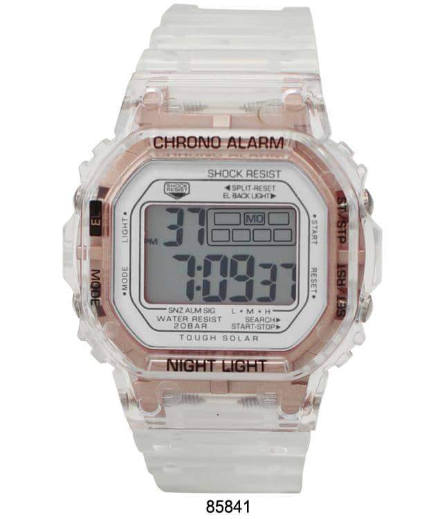 A sleek 8584 Transparent Digital Watch with a clear case and rubber band, showcasing its digital display and modern design.