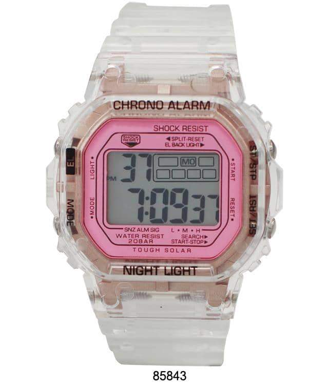 A sleek 8584 Transparent Digital Watch with a clear case and rubber band, showcasing its digital display and modern design.