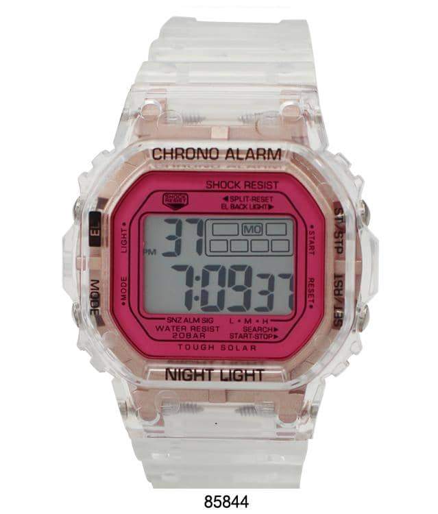 A sleek 8584 Transparent Digital Watch with a clear case and rubber band, showcasing its digital display and modern design.