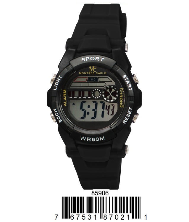 8590 Digital Watch by Montres Carlo featuring a multi-functional digital display, alarm, stopwatch, and LED light.