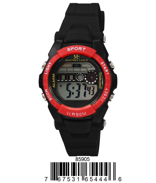 8590 Digital Watch by Montres Carlo featuring a multi-functional digital display, alarm, stopwatch, and LED light.