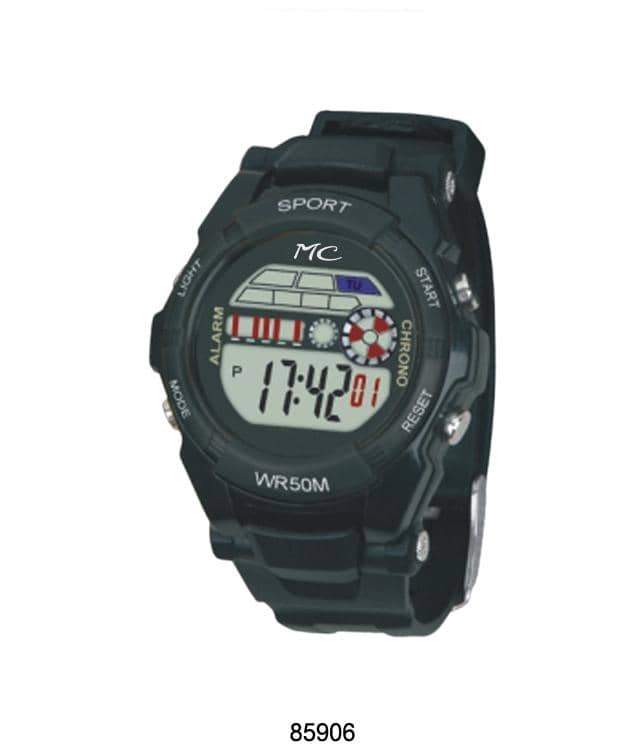 8590 Digital Watch by Montres Carlo featuring a multi-functional digital display, alarm, stopwatch, and LED light.