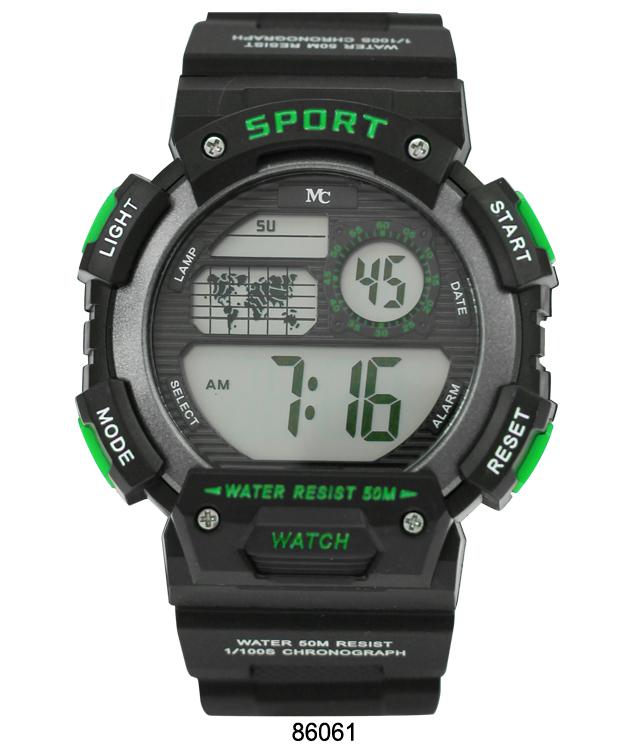 8606 Digital Watch with multi-functional display and rubber band, showcasing its sleek design and features.