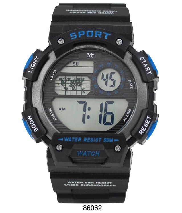 8606 Digital Watch with multi-functional display and rubber band, showcasing its sleek design and features.