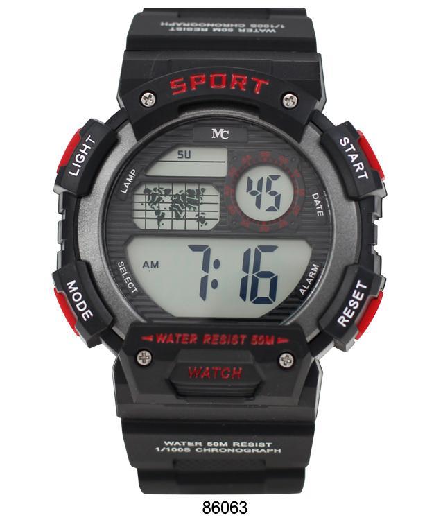 8606 Digital Watch with multi-functional display and rubber band, showcasing its sleek design and features.