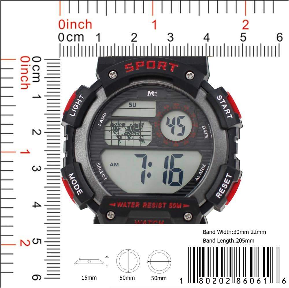 8606 Digital Watch with multi-functional display and rubber band, showcasing its sleek design and features.