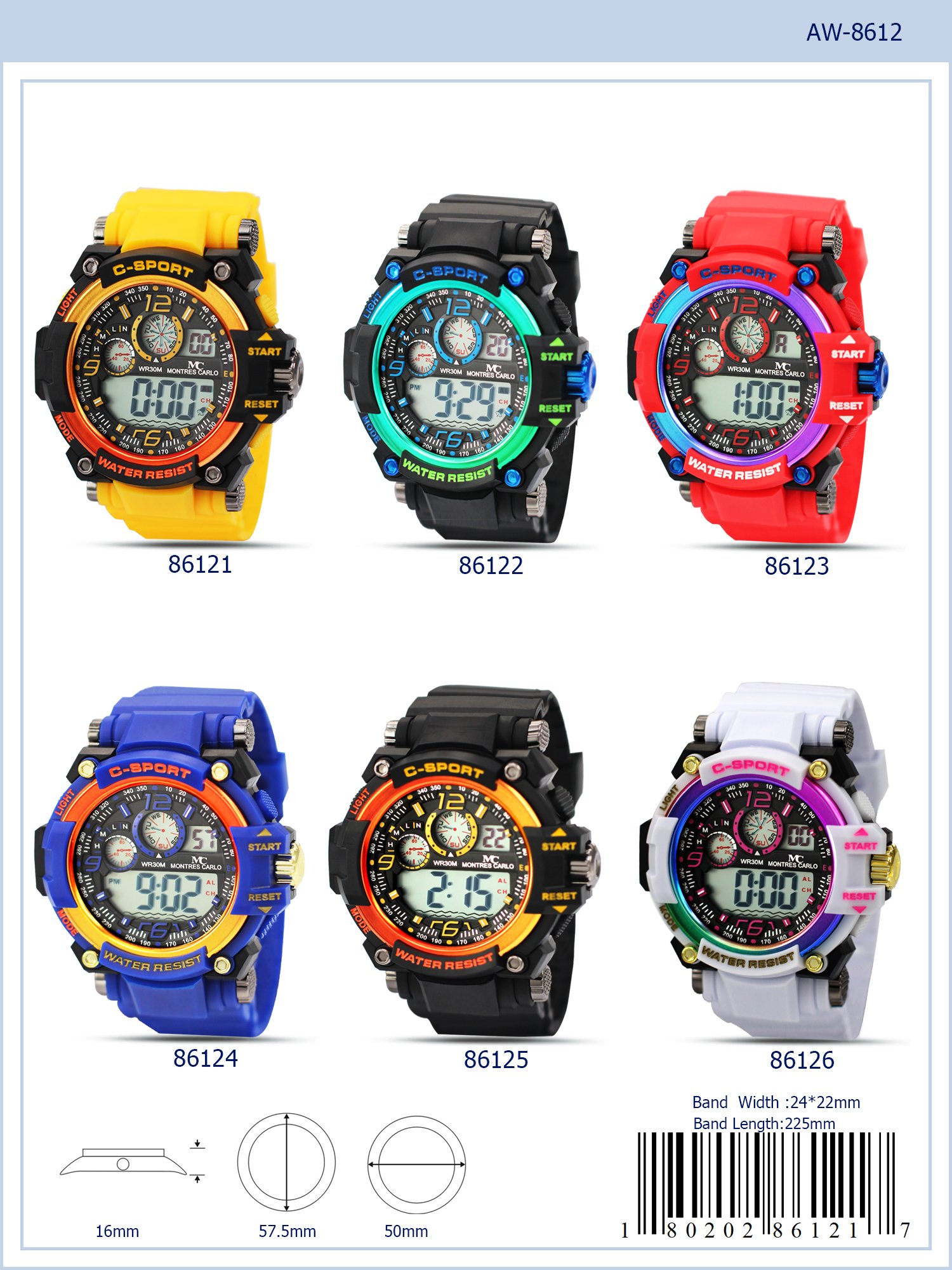 Montres Carlo 8612 Digital Watch with rubber band and plastic case, featuring a digital display and various functions.