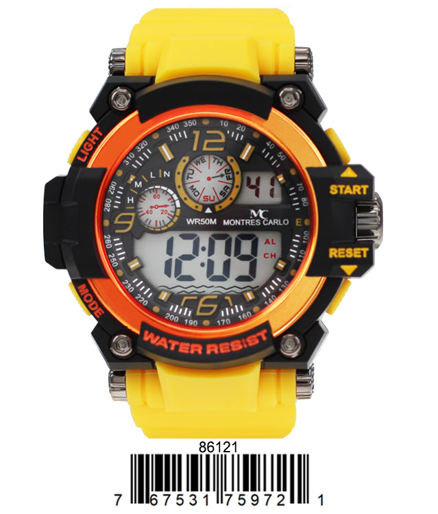 Montres Carlo 8612 Digital Watch with rubber band and plastic case, featuring a digital display and various functions.