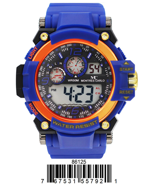 Montres Carlo 8612 Digital Watch with rubber band and plastic case, featuring a digital display and various functions.