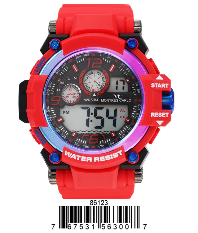 Montres Carlo 8612 Digital Watch with rubber band and plastic case, featuring a digital display and various functions.