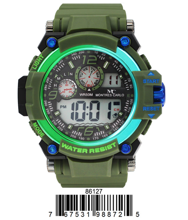 Montres Carlo 8612 Digital Watch with rubber band and plastic case, featuring a digital display and various functions.