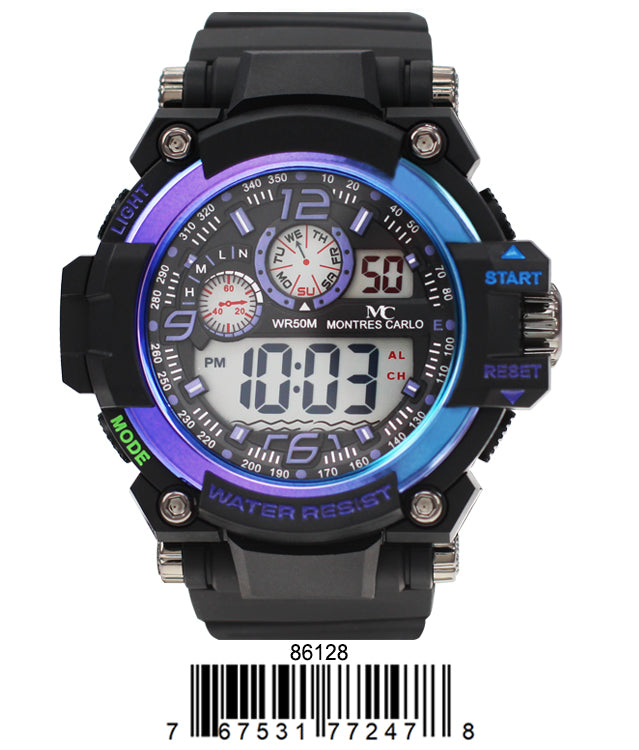 Montres Carlo 8612 Digital Watch with rubber band and plastic case, featuring a digital display and various functions.