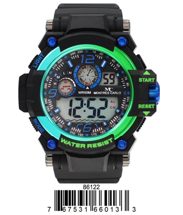 Montres Carlo 8612 Digital Watch with rubber band and plastic case, featuring a digital display and various functions.