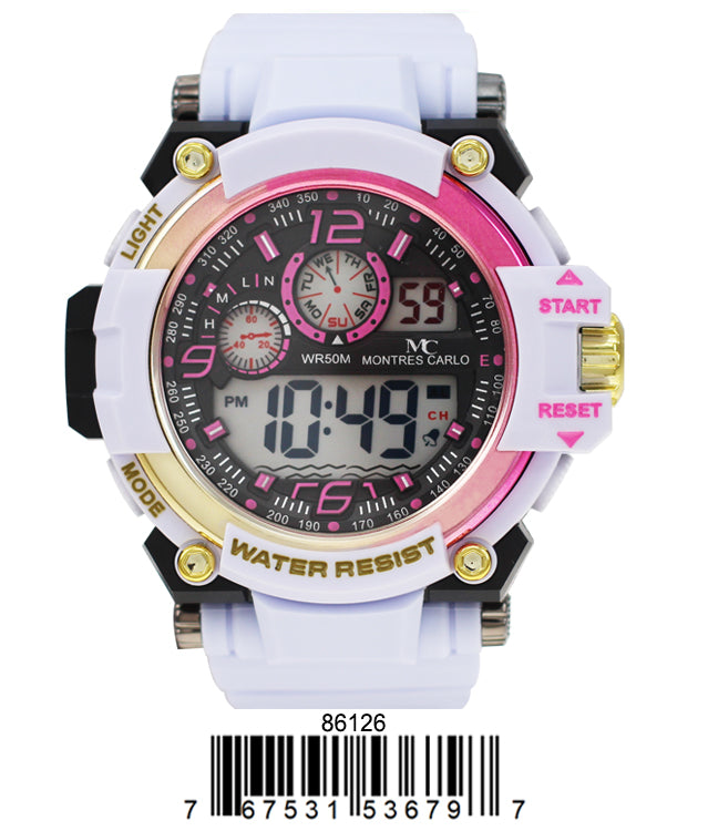 Montres Carlo 8612 Digital Watch with rubber band and plastic case, featuring a digital display and various functions.