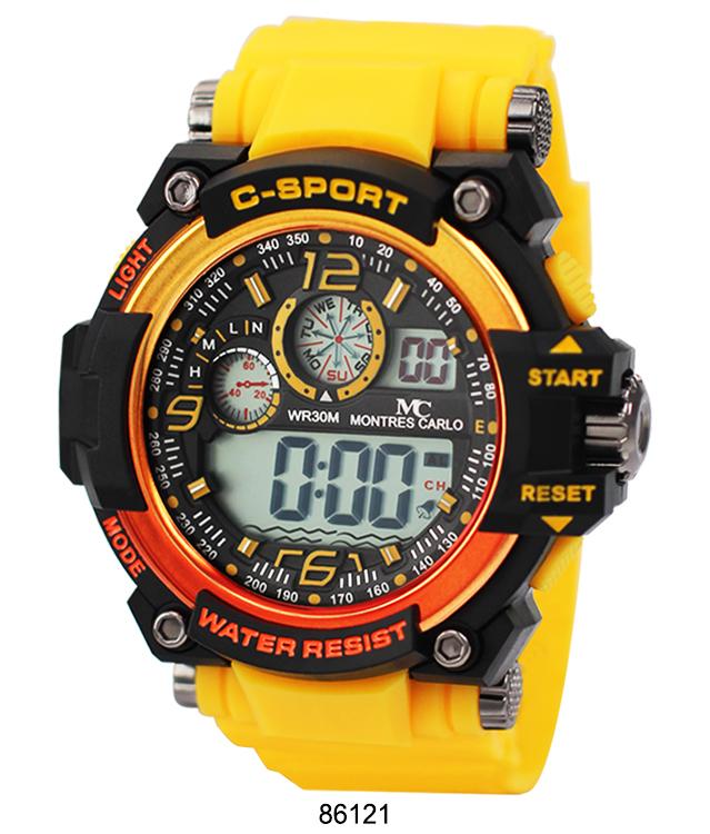 Montres Carlo 8612 Digital Watch with rubber band and plastic case, featuring a digital display and various functions.