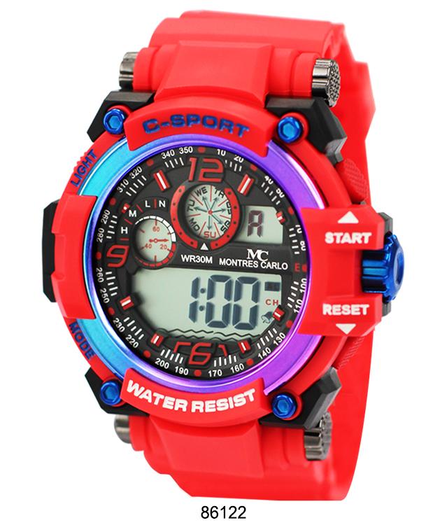 Montres Carlo 8612 Digital Watch with rubber band and plastic case, featuring a digital display and various functions.