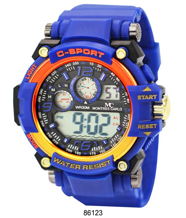 Montres Carlo 8612 Digital Watch with rubber band and plastic case, featuring a digital display and various functions.