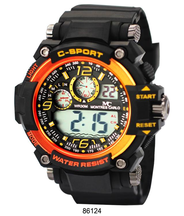 Montres Carlo 8612 Digital Watch with rubber band and plastic case, featuring a digital display and various functions.