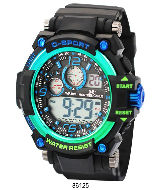 Montres Carlo 8612 Digital Watch with rubber band and plastic case, featuring a digital display and various functions.