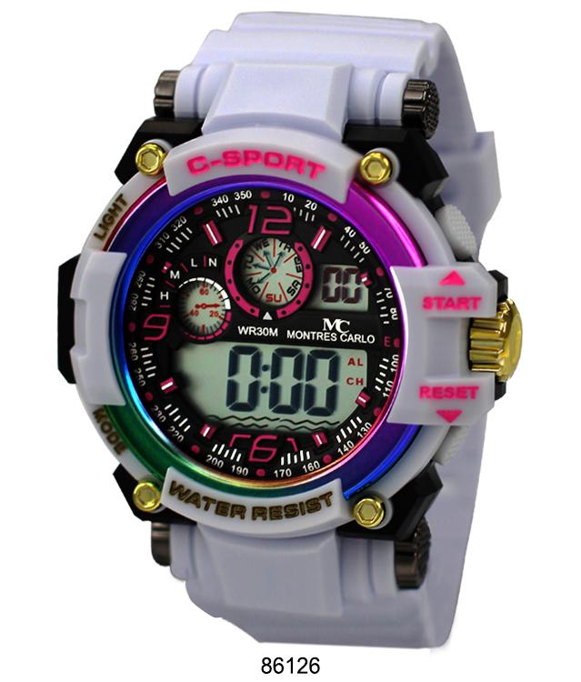 Montres Carlo 8612 Digital Watch with rubber band and plastic case, featuring a digital display and various functions.