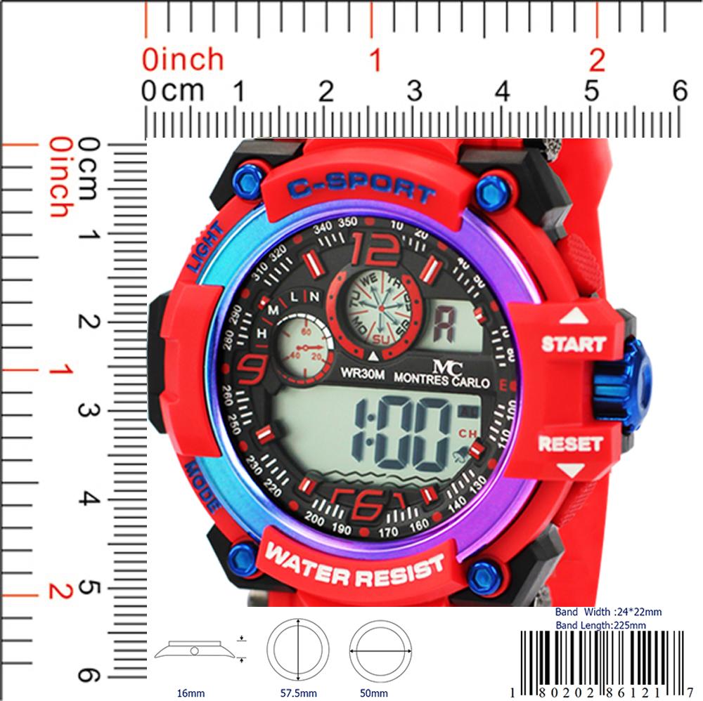 Montres Carlo 8612 Digital Watch with rubber band and plastic case, featuring a digital display and various functions.