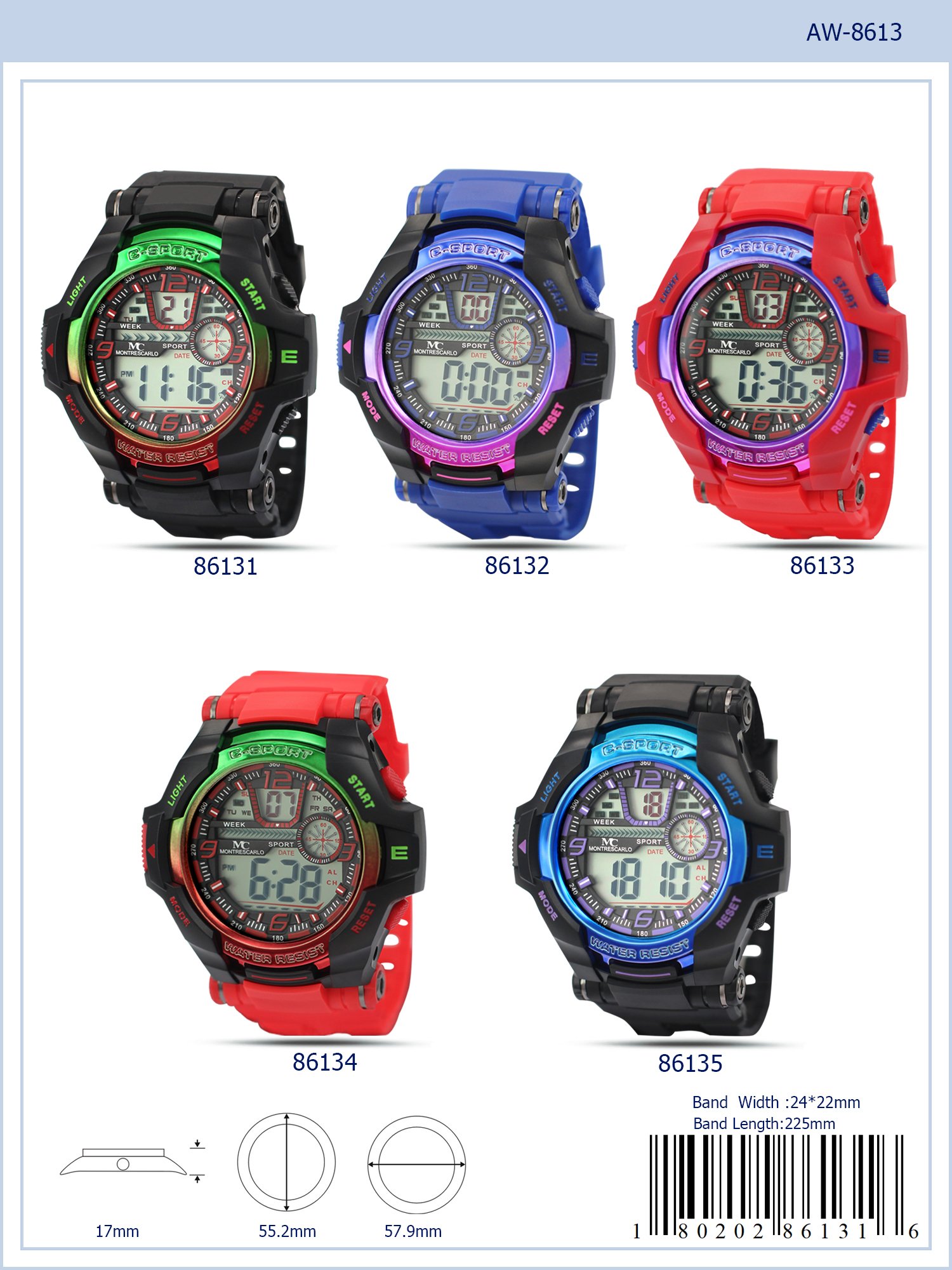 Montres Carlo 8613 Digital Watch with rubber band and plastic case, featuring a digital display and various functionalities.