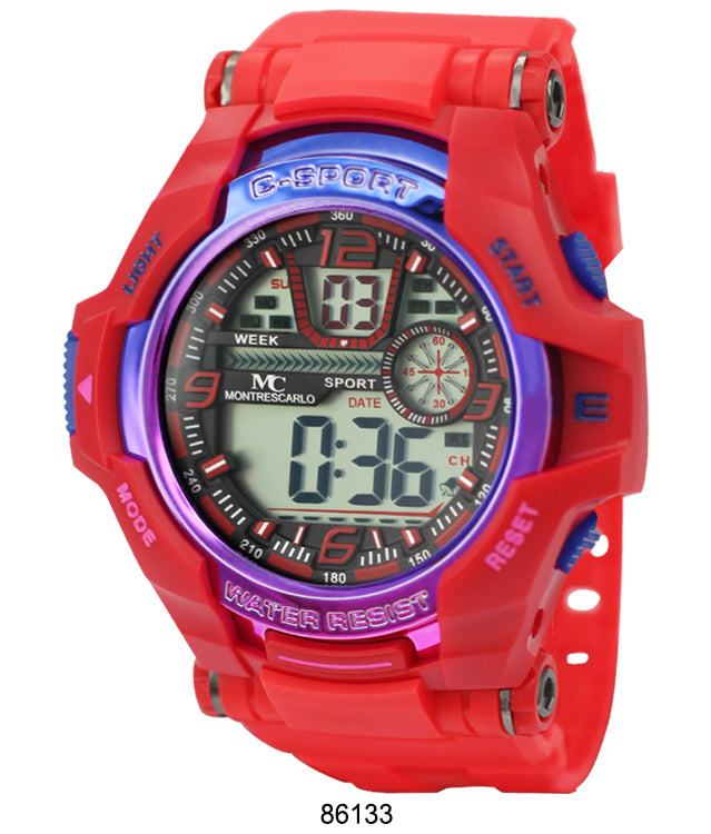 Montres Carlo 8613 Digital Watch with rubber band and plastic case, featuring a digital display and various functionalities.