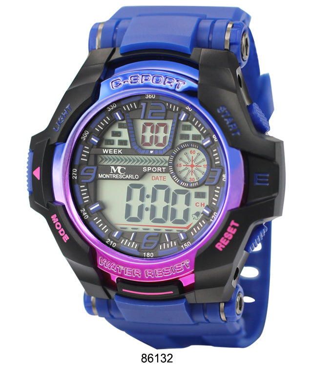 Montres Carlo 8613 Digital Watch with rubber band and plastic case, featuring a digital display and various functionalities.