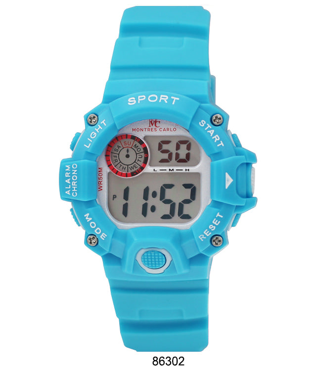 Montres Carlo 8630 Digital Watch with rubber band and digital display, showcasing its features and design.