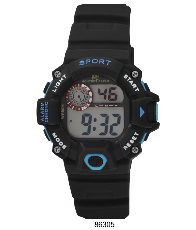 Montres Carlo 8630 Digital Watch with rubber band and digital display, showcasing its features and design.