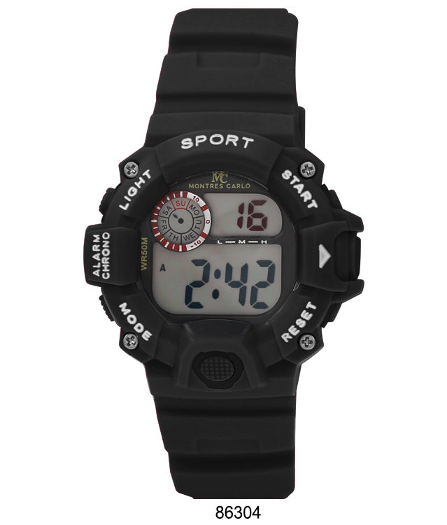 Montres Carlo 8630 Digital Watch with rubber band and digital display, showcasing its features and design.