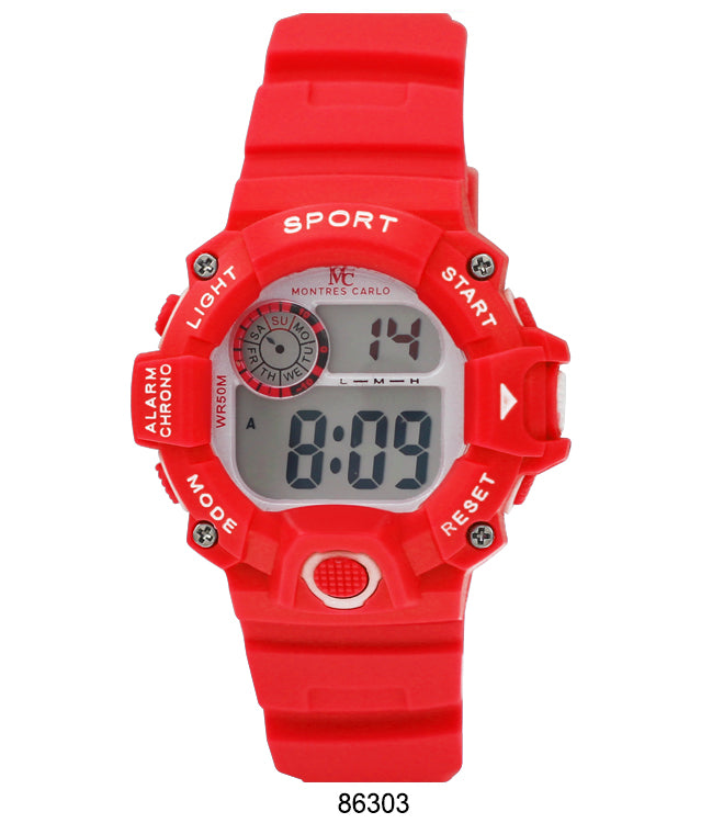 Montres Carlo 8630 Digital Watch with rubber band and digital display, showcasing its features and design.