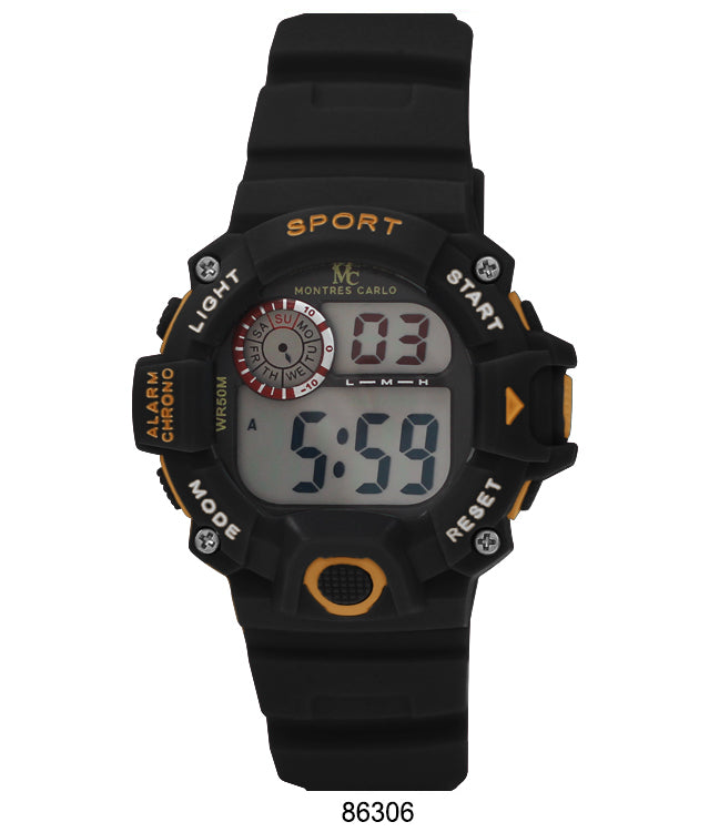 Montres Carlo 8630 Digital Watch with rubber band and digital display, showcasing its features and design.