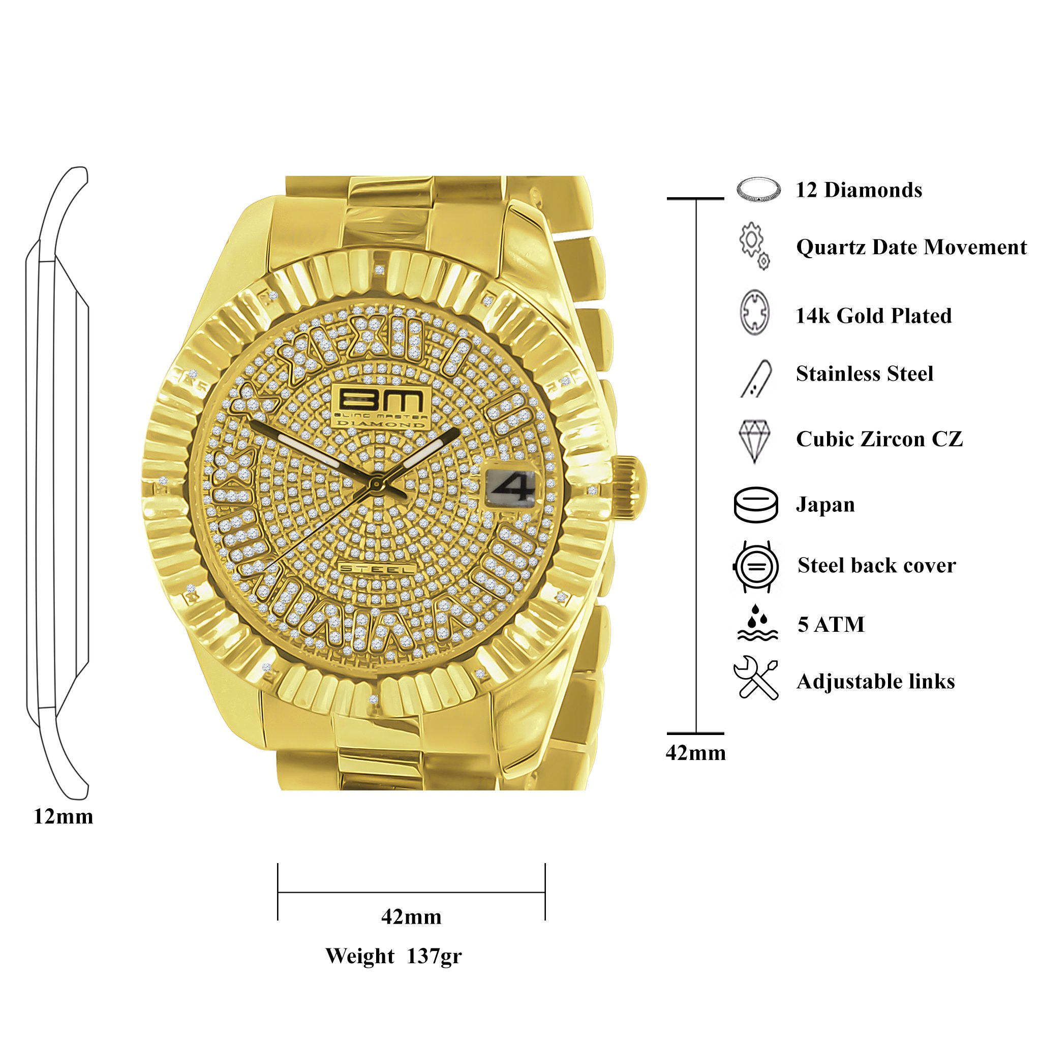 ADMIRALTY DIAMOND WATCH featuring gold color, 12 diamonds, and adjustable stainless steel links.