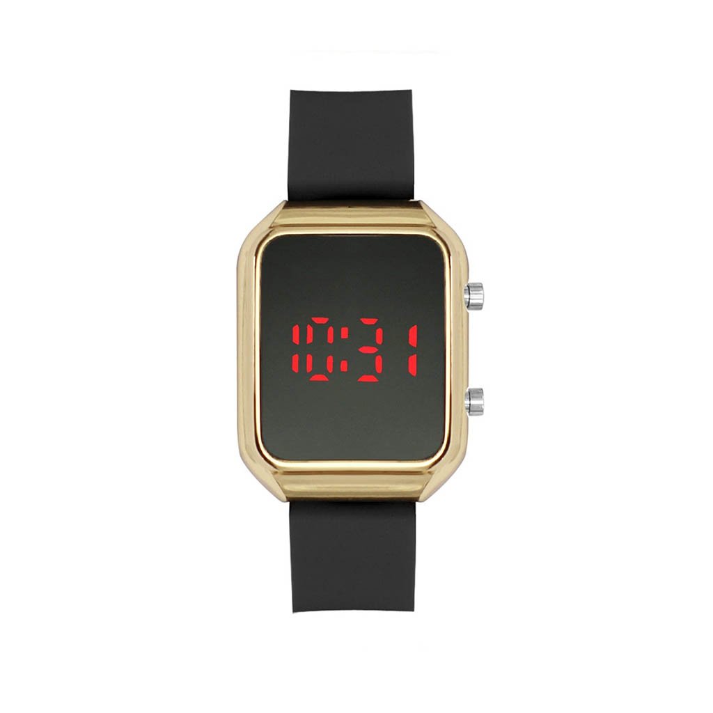 Alaska LED watch featuring a black rubber band and a gold alloy case, showcasing a modern and stylish design.