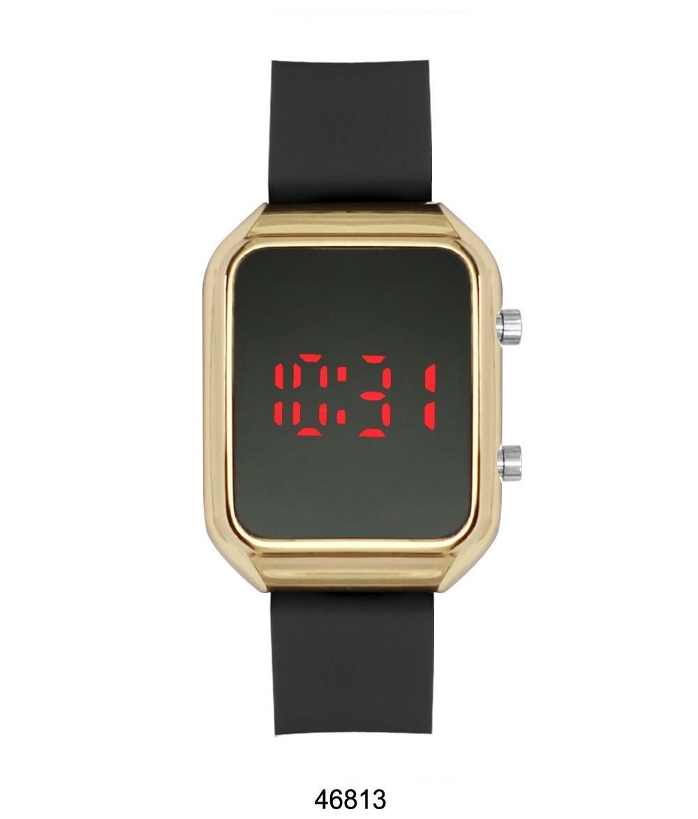 Alaska LED watch featuring a black rubber band and a gold alloy case, showcasing a modern and stylish design.