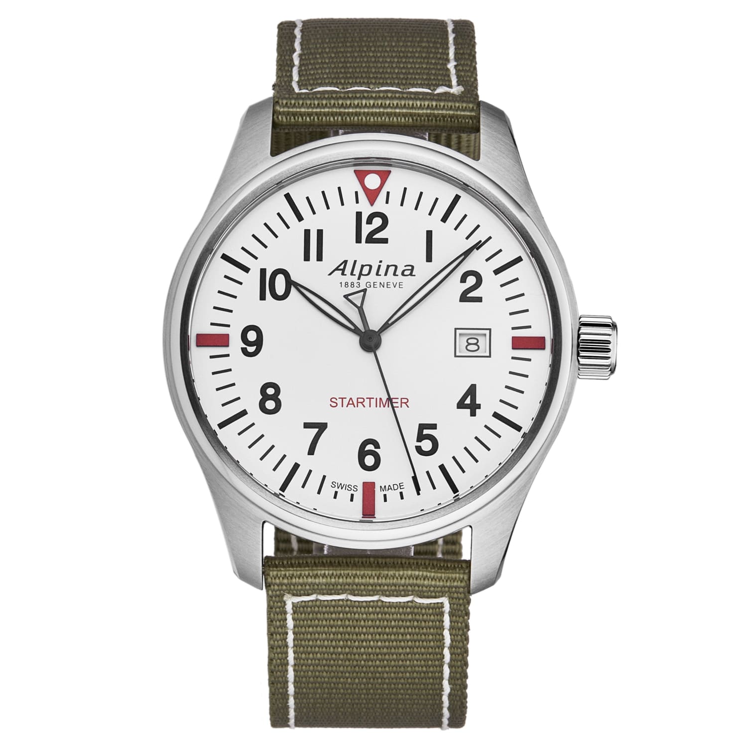 Alpina AL240S4S6 Men's 'Startimer Pilot' watch featuring a white dial and green nylon strap, showcasing its elegant design and durable materials.