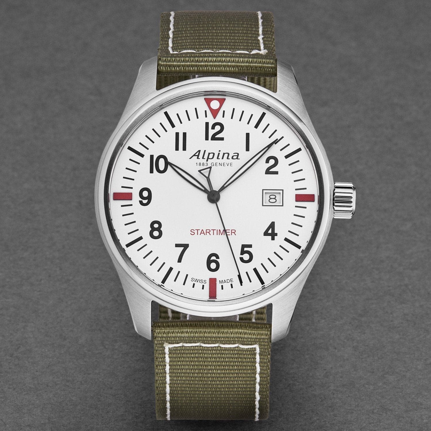 Alpina AL240S4S6 Men's 'Startimer Pilot' watch featuring a white dial and green nylon strap, showcasing its elegant design and durable materials.