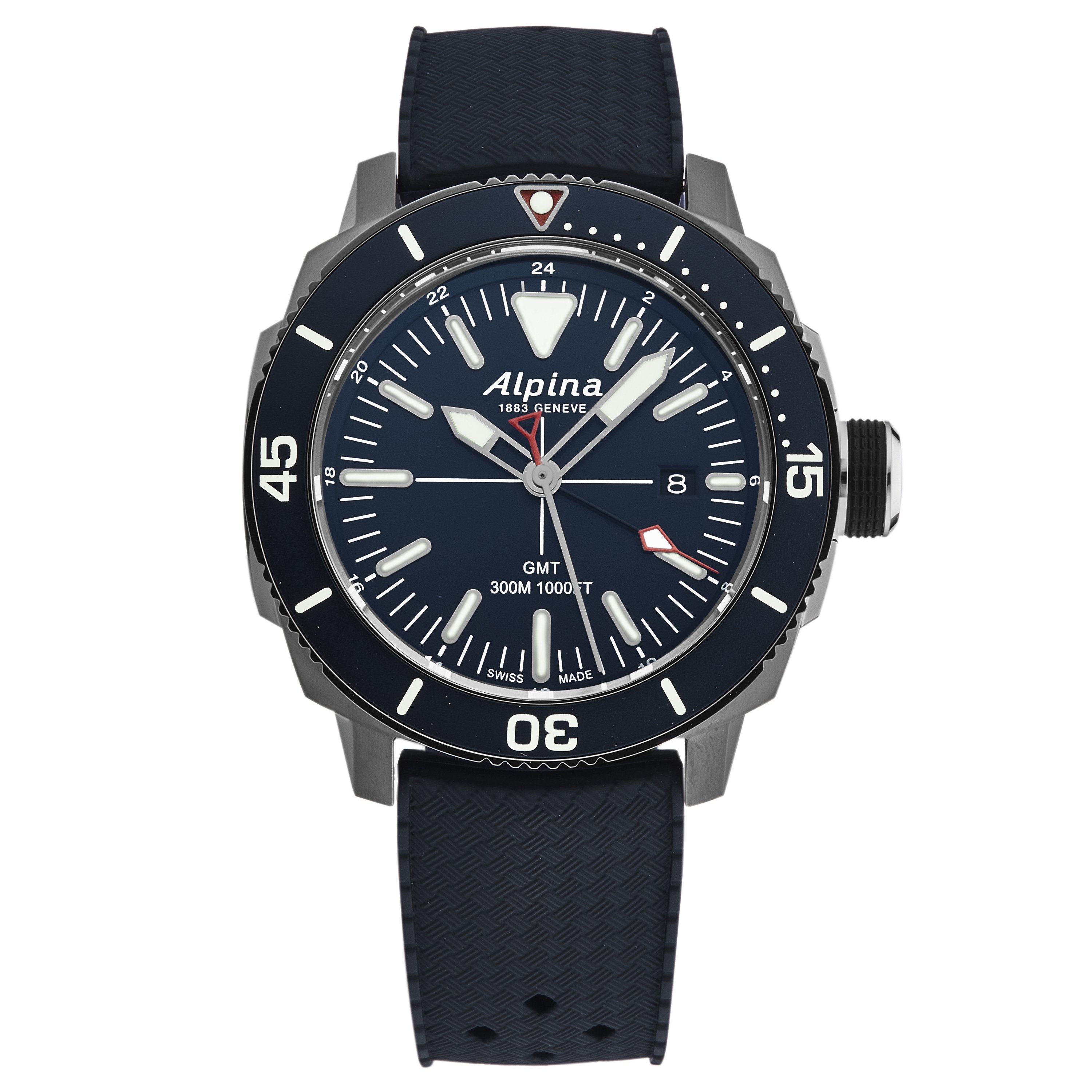 Alpina AL247LNN4TV6 Men's 'Seastrong Diver' GMT watch featuring a blue dial and blue rubber band, ideal for water sports.