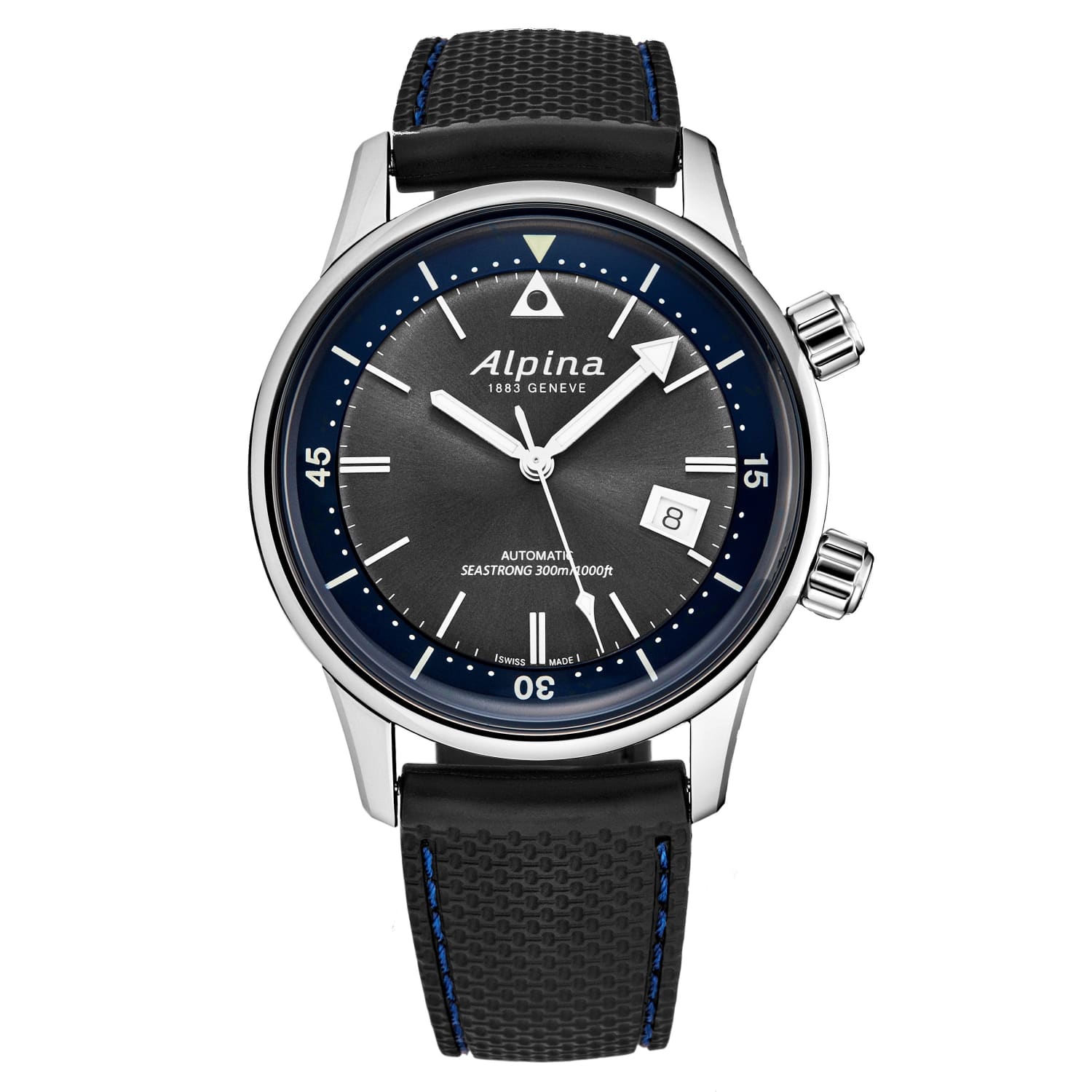 Alpina Men's AL525G4H6 'Seastrong' Diver Watch with grey dial and rubber strap, showcasing its stainless steel case and uni-directional bezel.