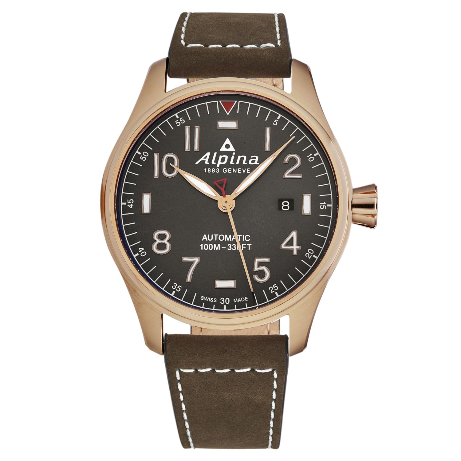 Alpina Men's AL525G4S4 Startimer Pilot watch featuring a grey dial and brown leather strap, showcasing its elegant design and automatic movement.