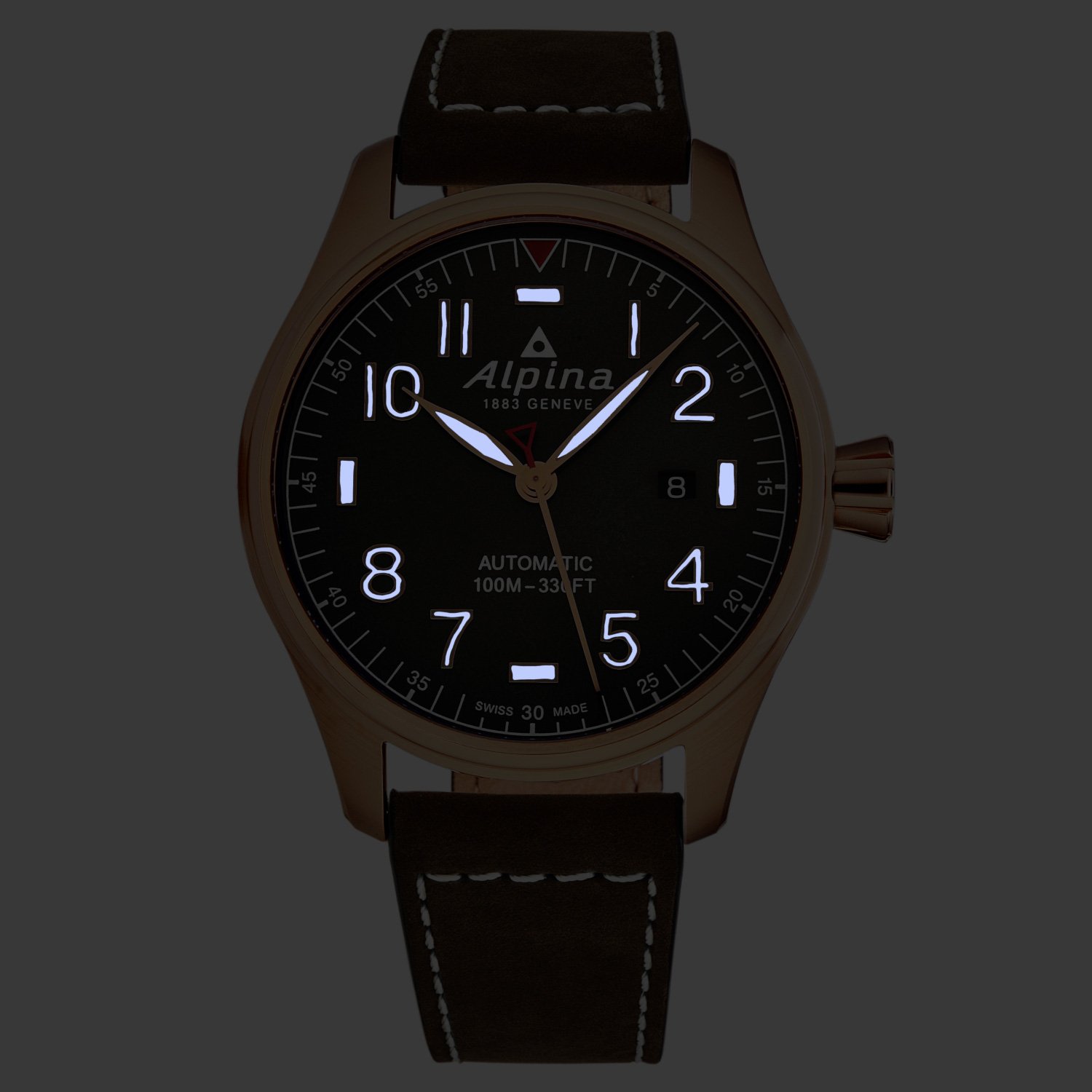 Alpina Men's AL525G4S4 Startimer Pilot watch featuring a grey dial and brown leather strap, showcasing its elegant design and automatic movement.