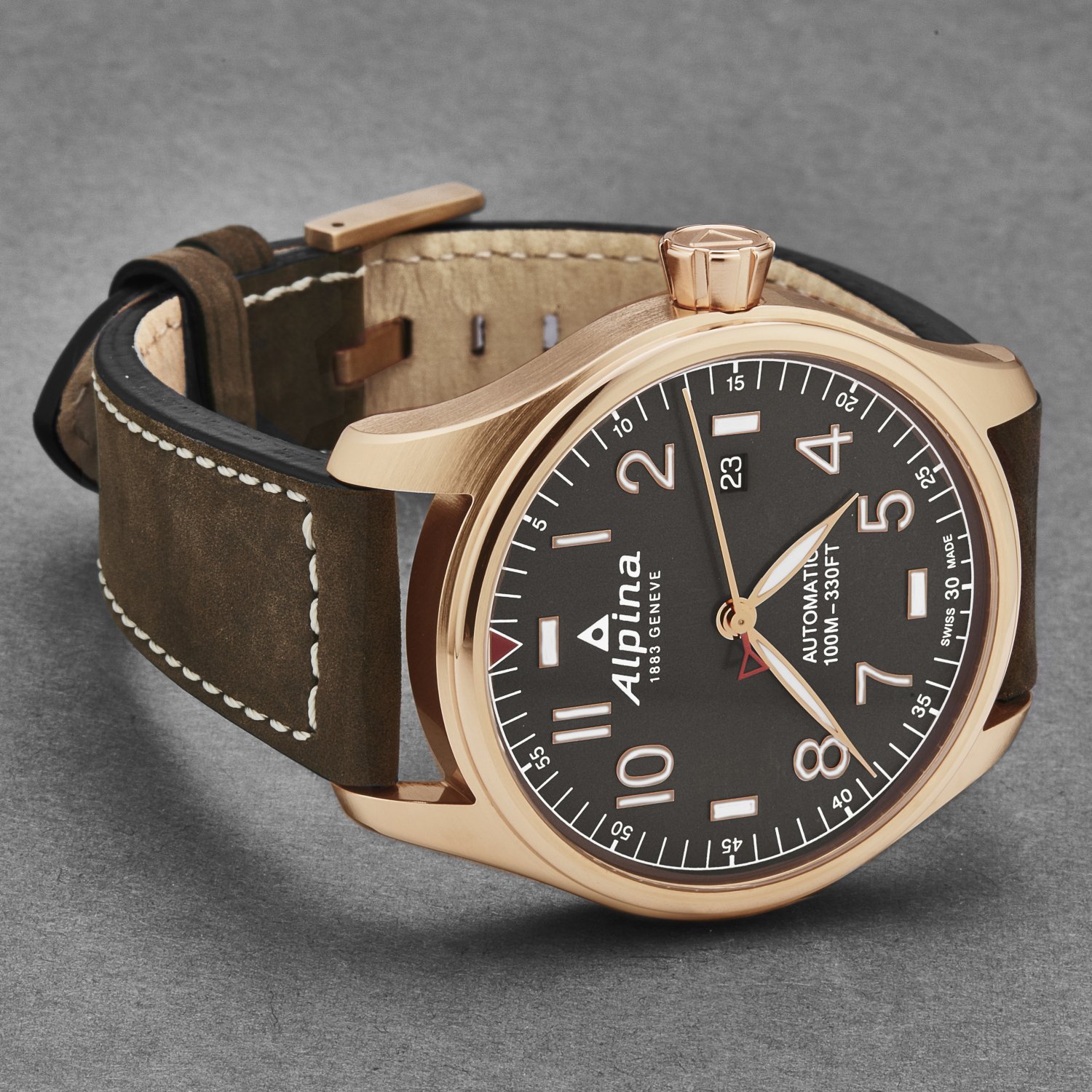 Alpina Men's AL525G4S4 Startimer Pilot watch featuring a grey dial and brown leather strap, showcasing its elegant design and automatic movement.