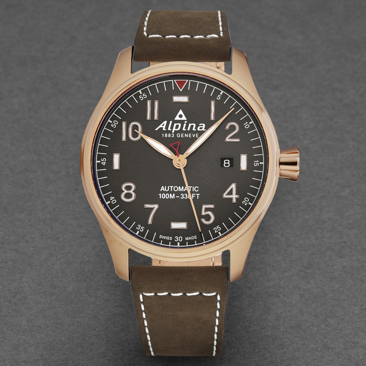 Alpina Men's AL525G4S4 Startimer Pilot watch featuring a grey dial and brown leather strap, showcasing its elegant design and automatic movement.